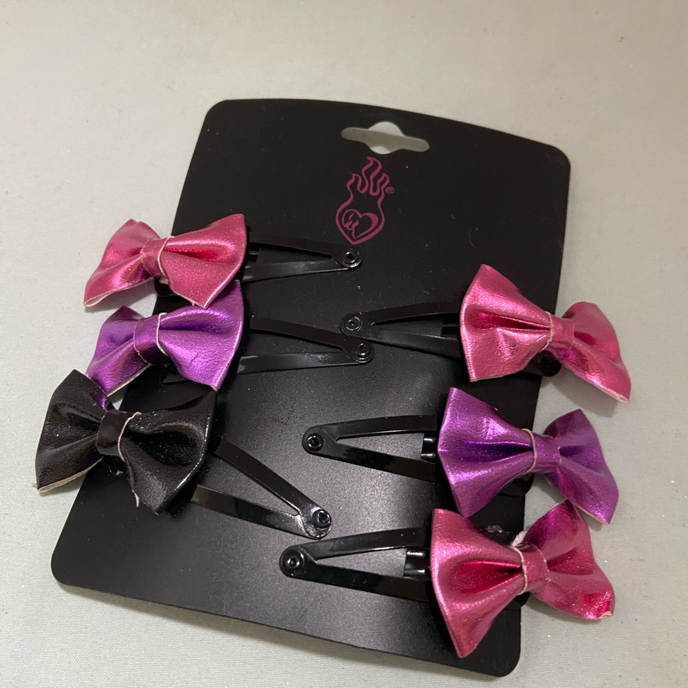 Set of Pink, Purple, and Black Bow Hair Clips
